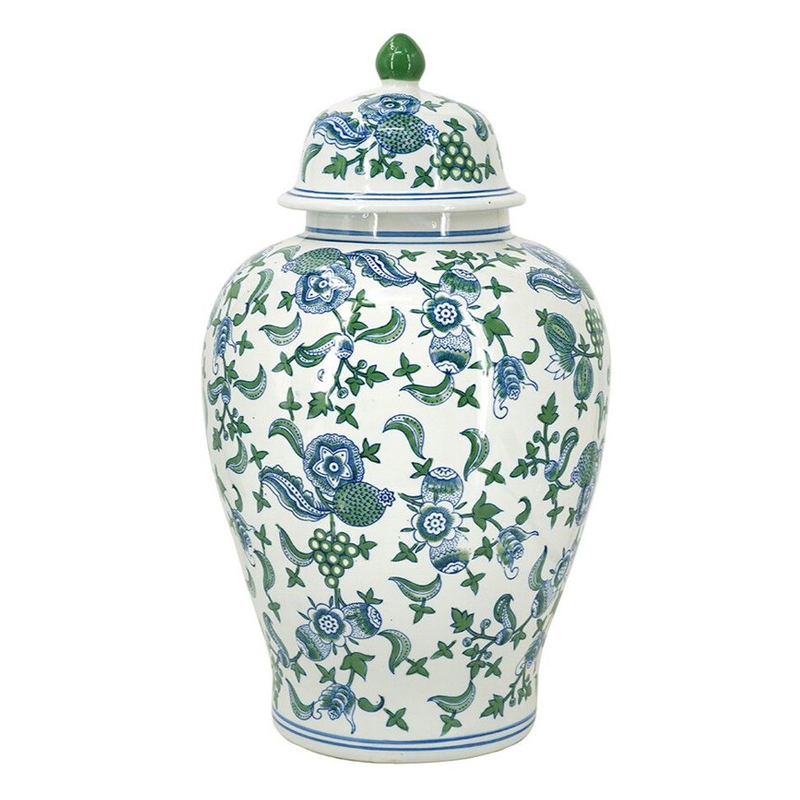 Ваза с крышкой и зелено-голубым цветочным узором на белом фоне Blue & White Ornament Белый Синий Ваза с крышкой и зелено-голубым цветочным узором на белом фоне Blue & White Ornament Белый Синий в Ульяновске | Loft Concept