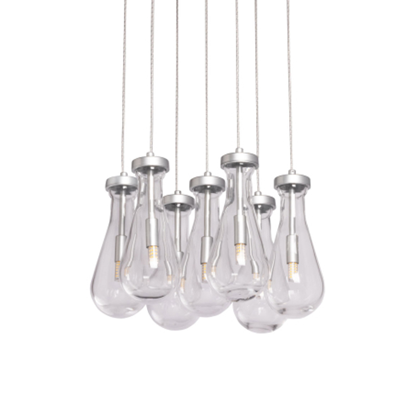 Люстра с 7-ю прозрачными плафонами из стекла в форме капли на круглом потолочном основании цвета хром Lucid Rain  Серебряный Прозрачный в Ульяновске | Loft Concept 