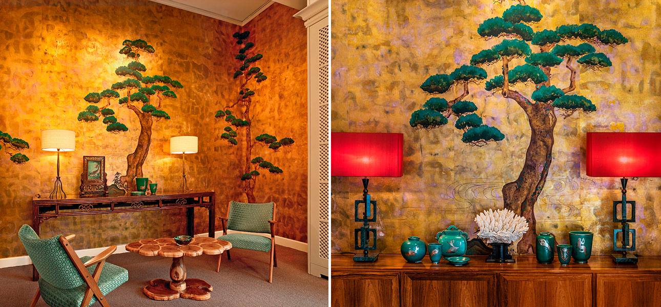 Обои ручная роспись Pine Trees Original colourway on Old Gold gilded paper with pearlescent antiquing - фото