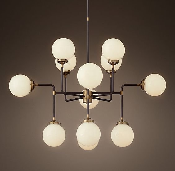 Люстра RH Bistro Globe Milk Glass 12-Light Chandelier Латунь Черный Белый в Ульяновске | Loft Concept 