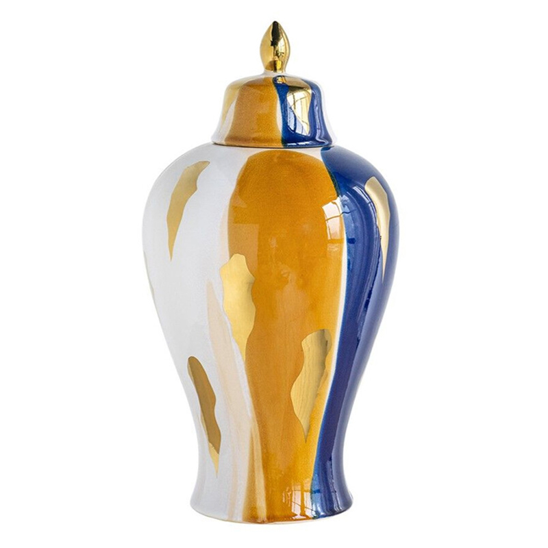 Ваза с крышкой и мазками синего и золого цвета на белом фоне Chinoiserie Ceramics Белый Оранжевый Золотой Синий Ваза с крышкой и мазками синего и золого цвета на белом фоне Chinoiserie Ceramics Белый Оранжевый Золотой Синий в Ульяновске | Loft Concept