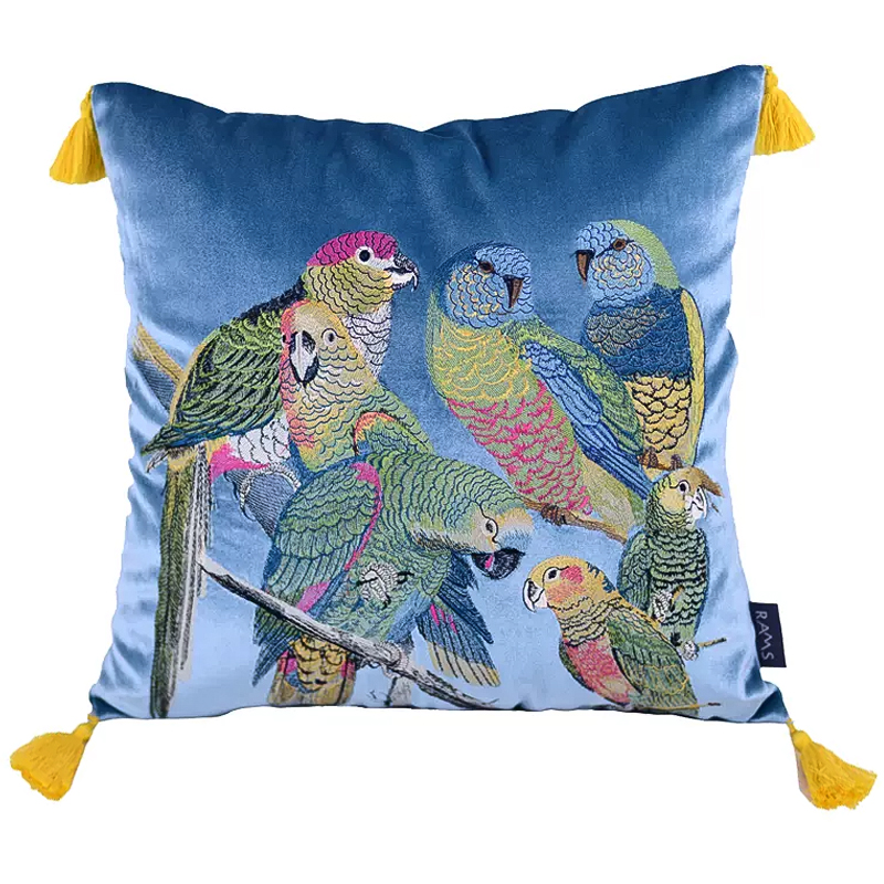 Декоративная подушка с вышивкой Embroidery Parrots Pillow Blue Голубой Мульти в Ульяновске | Loft Concept 