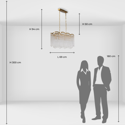 Люстра прямоугольная на цепях с прозрачными трубками и волнистым краем Nembus в Ульяновске