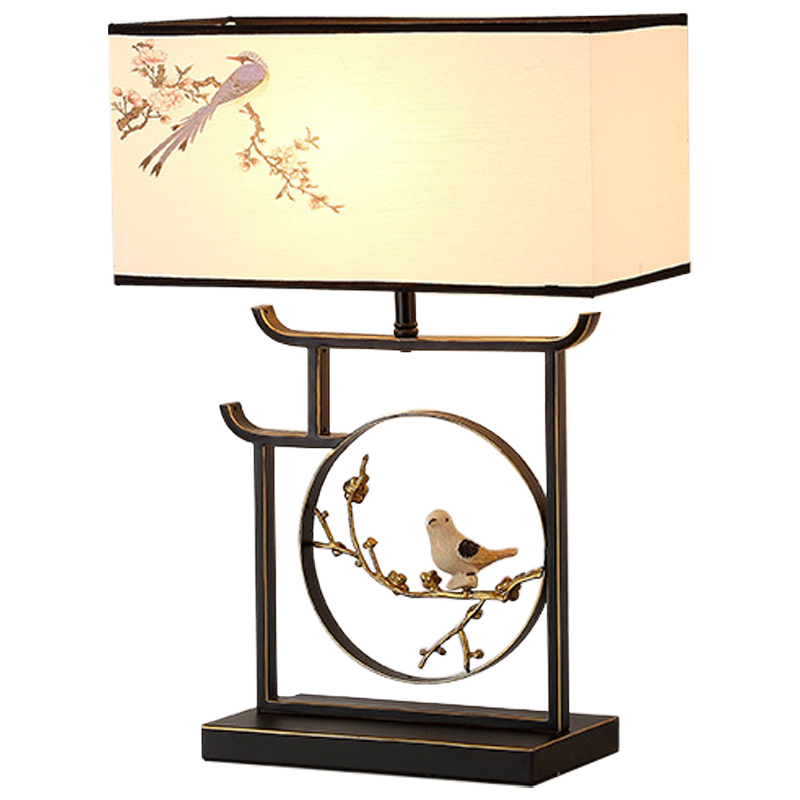 Настольная лампа с абажуром Bird Chinese Style Modern Table Lamp Черный Бежевый Золотой в Ульяновске | Loft Concept 