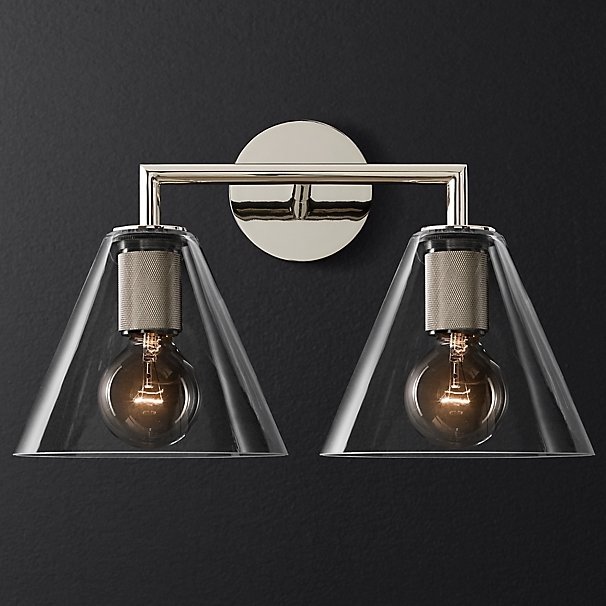 Бра RH Utilitaire Funnel Shade Double Sconce Silver Прозрачное Стекло Никель в Ульяновске | Loft Concept 