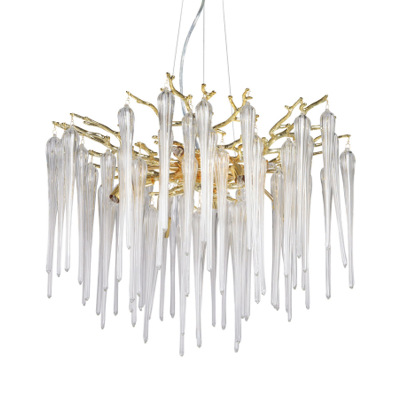Люстра золотого цвета с декоративными ветками и длинными прозрачными стеклянными подвесами в форме сосулек Droplet Chandelier Золотой Прозрачный в Ульяновске | Loft Concept 