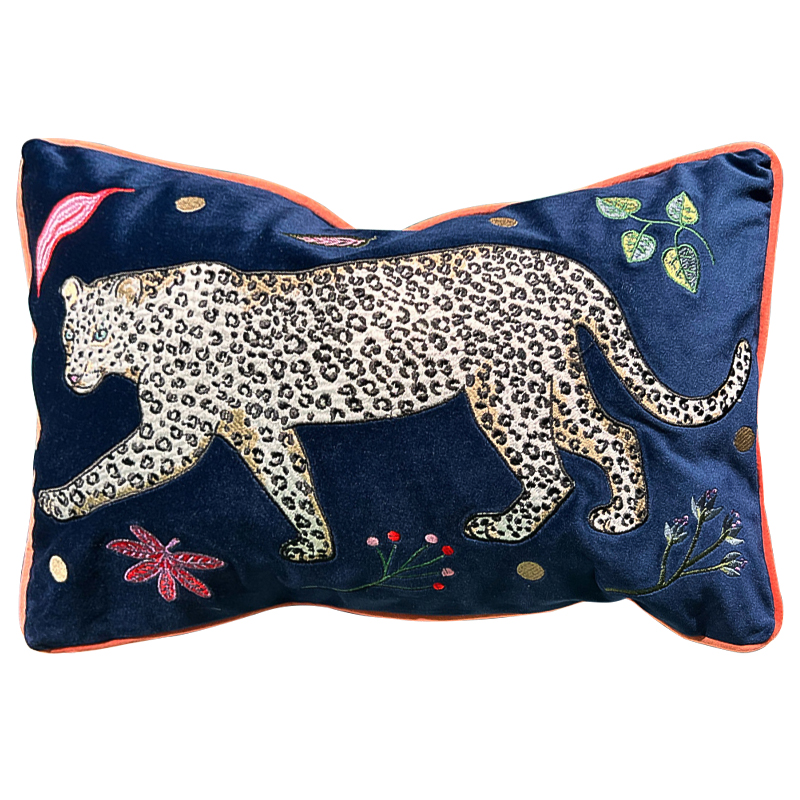 Декоративная подушка с вышивкой Panther Embroidery Cushion Темно-синий Мульти в Ульяновске | Loft Concept 