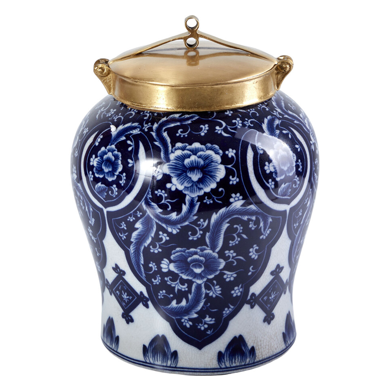 Ваза с насыщенным синим орнаментом и золотой крышкой Blue & White Ornament Белый Синий Золотой Ваза с насыщенным синим орнаментом и золотой крышкой Blue & White Ornament Белый Синий Золотой в Ульяновске | Loft Concept