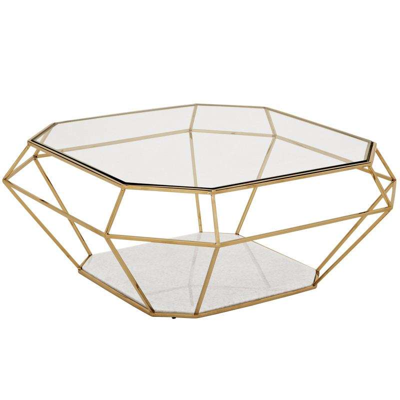 Кофейный стол Eichholtz Coffee Table Asscher Золотой Прозрачный Белый Мрамор Bianco в Ульяновске | Loft Concept 