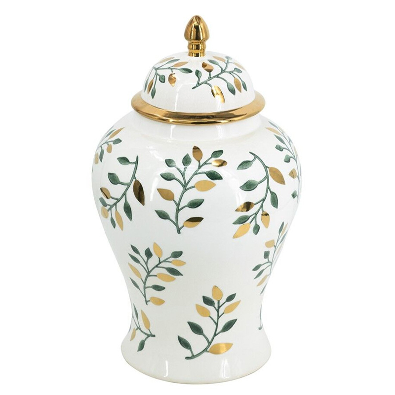 Ваза белая с крышкой с рисунком зеленых и золотых листьев 48 см Chinoiserie Ceramics Белый Зеленый Золотой Ваза белая с крышкой с рисунком зеленых и золотых листьев 48 см Chinoiserie Ceramics Белый Зеленый Золотой в Ульяновске | Loft Concept