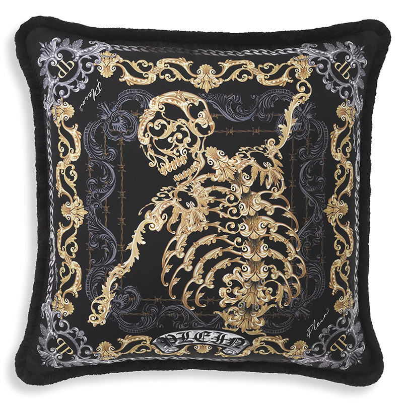 Подушка Philipp Plein Cushion Silk Skeleton 70 x 70 cm Черный Золотой Серый в Ульяновске | Loft Concept 