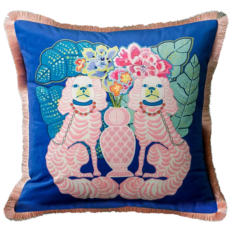 Декоративная подушка Two Pink Dogs on Blue Cushion Синий Розовый Мульти в Ульяновске | Loft Concept 