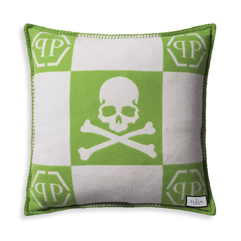 Подушка Philipp Plein Cushion Cashmere Skull 45 x 45 Green Зеленый Белый в Ульяновске | Loft Concept 