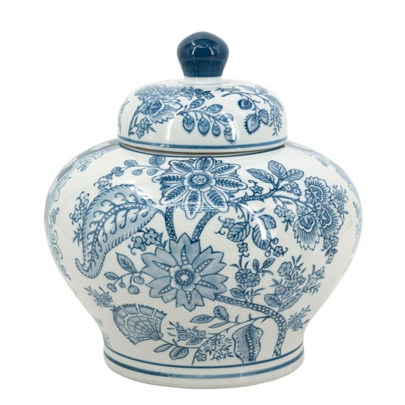 Ваза с крышкой и синим узором в виде цветов и листьев Blue & White Ornament Белый Синий Ваза с крышкой и синим узором в виде цветов и листьев Blue & White Ornament Белый Синий в Ульяновске | Loft Concept
