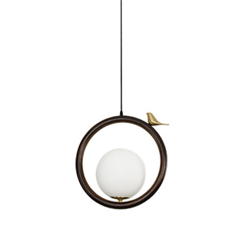 Светильник с птичкой Bird Wood Ring Hanging Lamp Латунь Белый Коричневый в Ульяновске | Loft Concept 