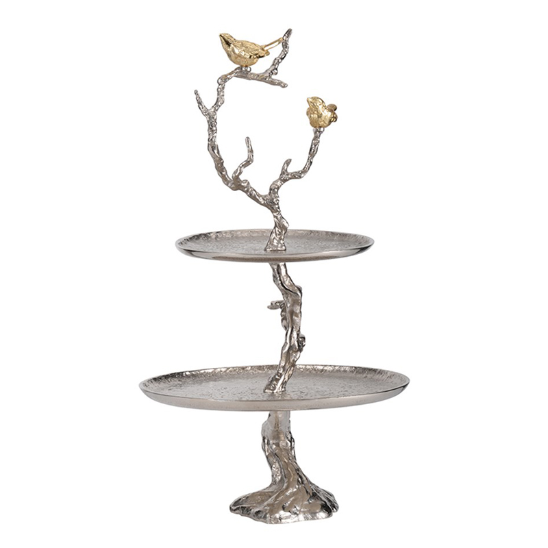 Блюдо двухъярусное Birds on Branches silver Сатиновое Серебро  Золотой в Ульяновске | Loft Concept 