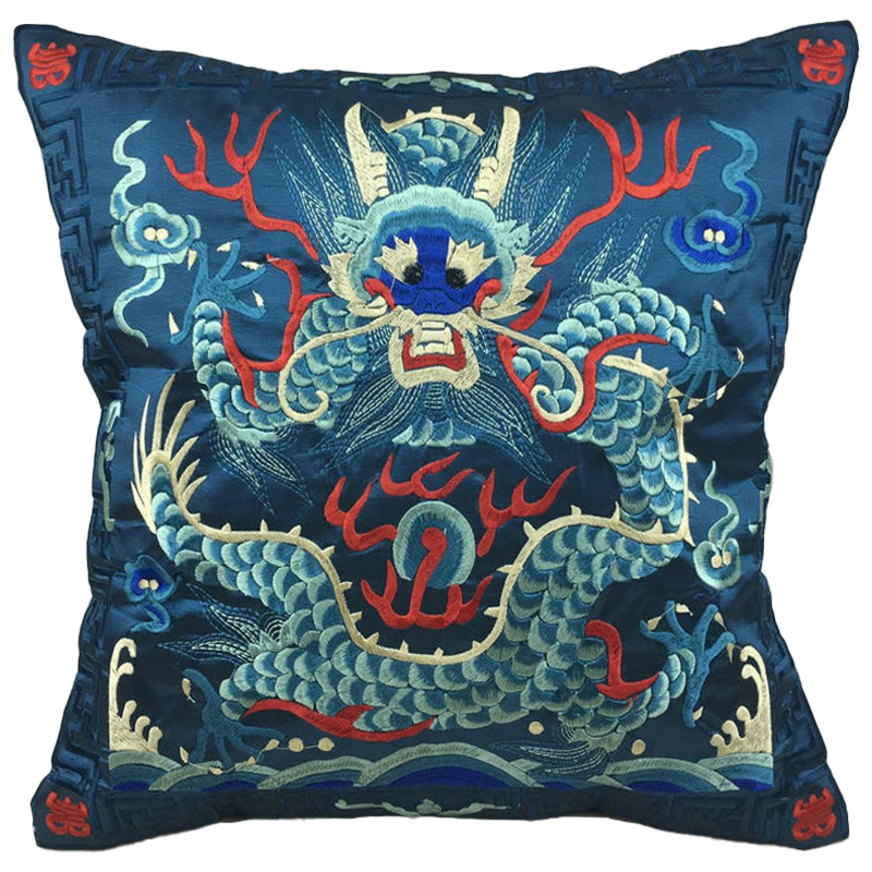 Декоративная подушка с вышивкой Chinese Dragon Blue Мульти Синий в Ульяновске | Loft Concept 