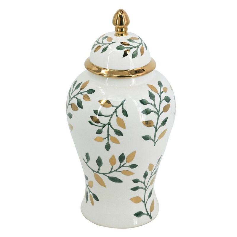 Ваза белая с крышкой с рисунком зеленых и золотых листьев 40 см Chinoiserie Ceramics Белый Зеленый Золотой Ваза белая с крышкой с рисунком зеленых и золотых листьев 40 см Chinoiserie Ceramics Белый Зеленый Золотой в Ульяновске | Loft Concept