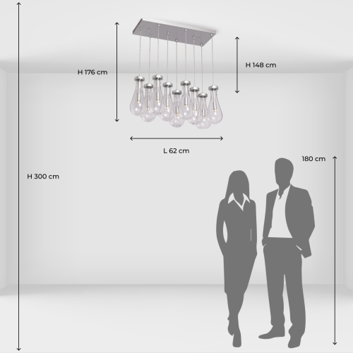 Люстра с 9-ю прозрачными плафонами из стекла в форме капли на прямоугольном потолочном основании цвета хром Lucid Rain  в Ульяновске