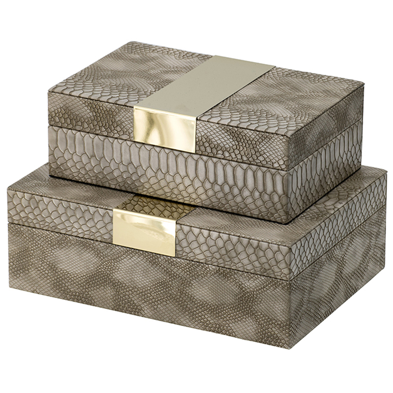 Комплект шкатулок Imitation Snakeskin Boxes Бежево-серый Глянцевое золото в Ульяновске | Loft Concept 