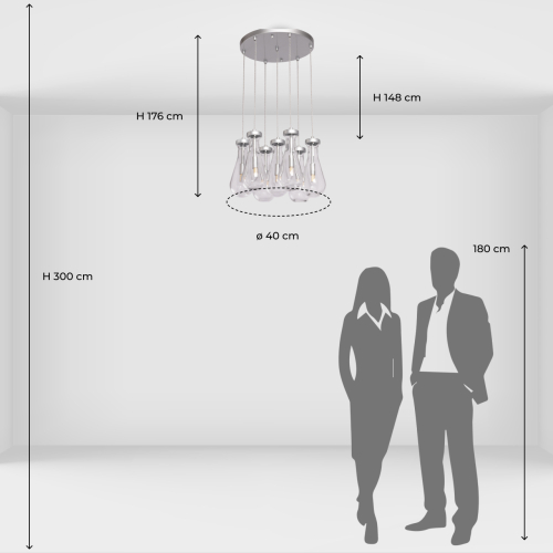 Люстра с 7-ю прозрачными плафонами из стекла в форме капли на круглом потолочном основании цвета хром Lucid Rain  в Ульяновске