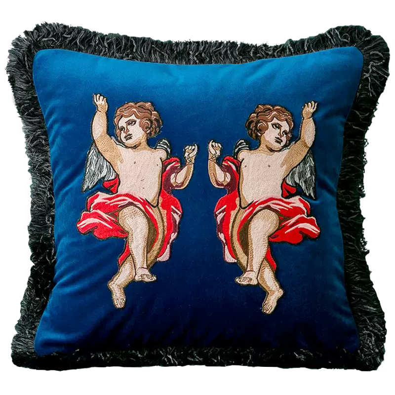 Декоративная подушка с вышивкой Стиль Gucci Angels Cushion Blue Синий Мульти в Ульяновске | Loft Concept 