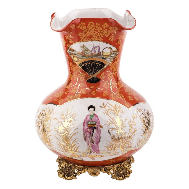 Ваза красного цвета с рисунком Chinoiserie Ceramics Белый Красный Бронза Ваза красного цвета с рисунком Chinoiserie Ceramics Белый Красный Бронза в Ульяновске | Loft Concept