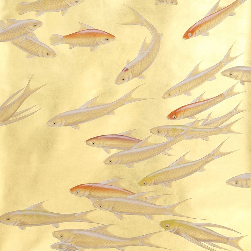 Обои ручная роспись Fishes Koi on Deep Rich Gold gilded paper  в Ульяновске | Loft Concept 