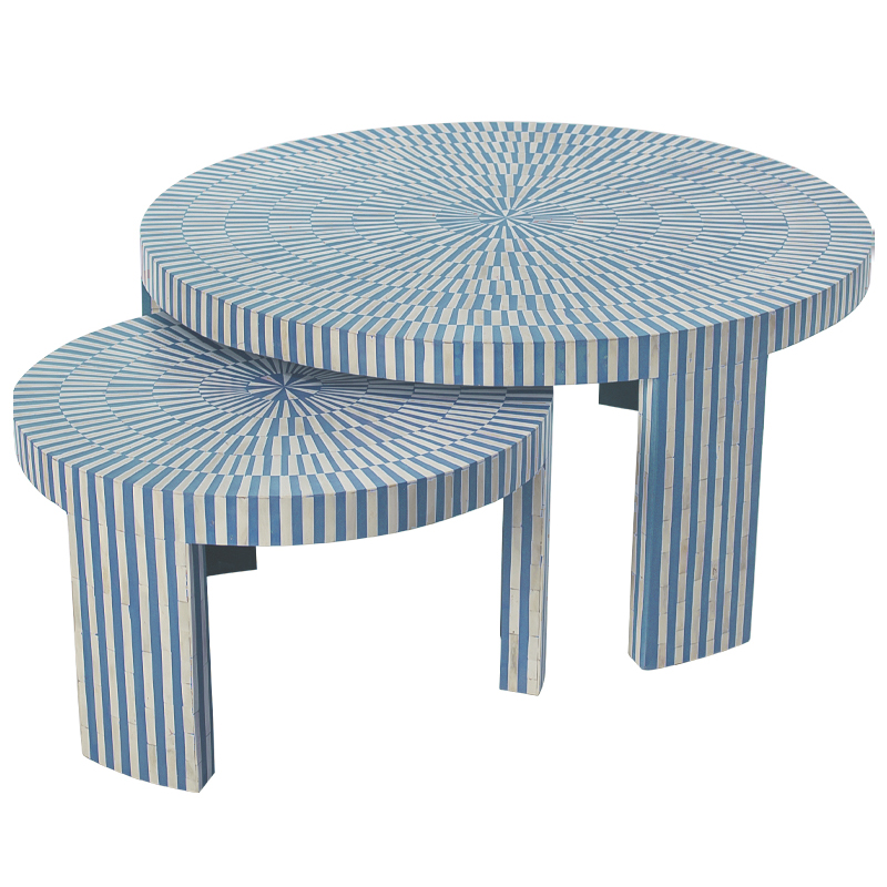 Комплект журнальных столов с инкрустацией Stripes Set of two tables blue Белый Голубой в Ульяновске | Loft Concept 
