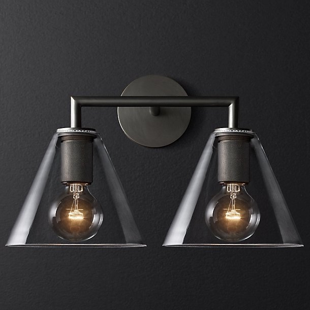 Бра RH Utilitaire Funnel Shade Double Sconce Black Прозрачное Стекло Темная бронза в Ульяновске | Loft Concept 