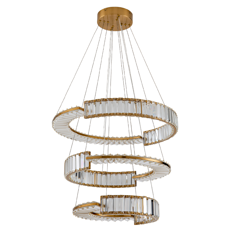 Светодиодная трехъярусная кольцевая люстра из хрусталя и стали с пультом для регулировки света Maude Crystal Light Латунь Прозрачный в Ульяновске | Loft Concept 