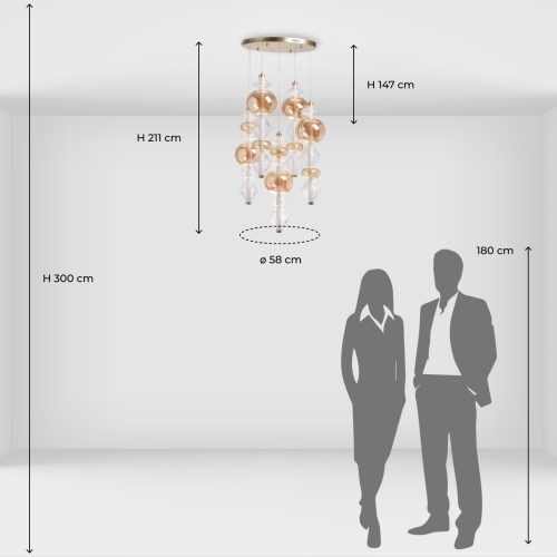 Люстра с плафонами из прозрачного и янтарного стекла в виде шаров и ромбов Gabriel Scott Luna в Ульяновске