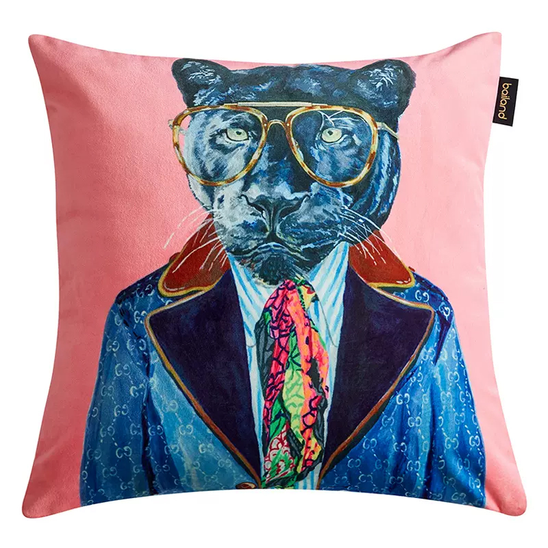 Декоративная подушка Стиль Gucci Panther Fashion Animals Cushion Pink Розовый Синий Мульти в Ульяновске | Loft Concept 