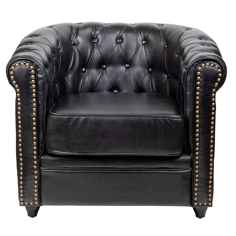 Кресло кожаное с мягкими подлокотниками на 4-х деревянных ножках Logan Leather Armchair black Черный в Ульяновске | Loft Concept 