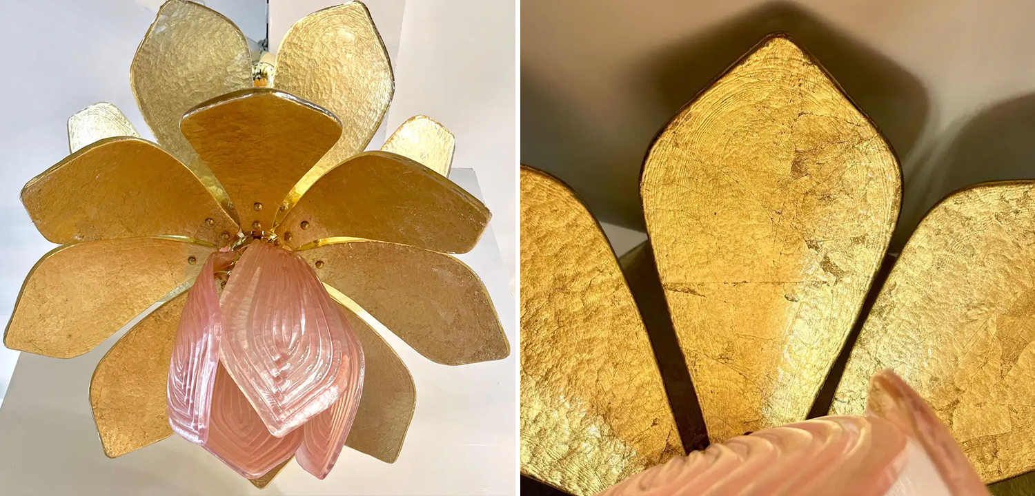 Люстра Contemporary Italian Brass Pink Gold Leaf Murano Glass Flower Chandelier Pendant - фото №1