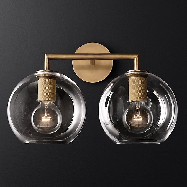 Бра RH Utilitaire Globe Shade Double Sconce Brass Прозрачное Стекло Латунь в Ульяновске | Loft Concept 