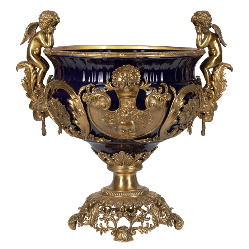 Чаша темно-синего цвета с фигурками ангелов и рельефным декором Eden Garden porcelain and bronze Темно-синий Бронза в Ульяновске | Loft Concept 