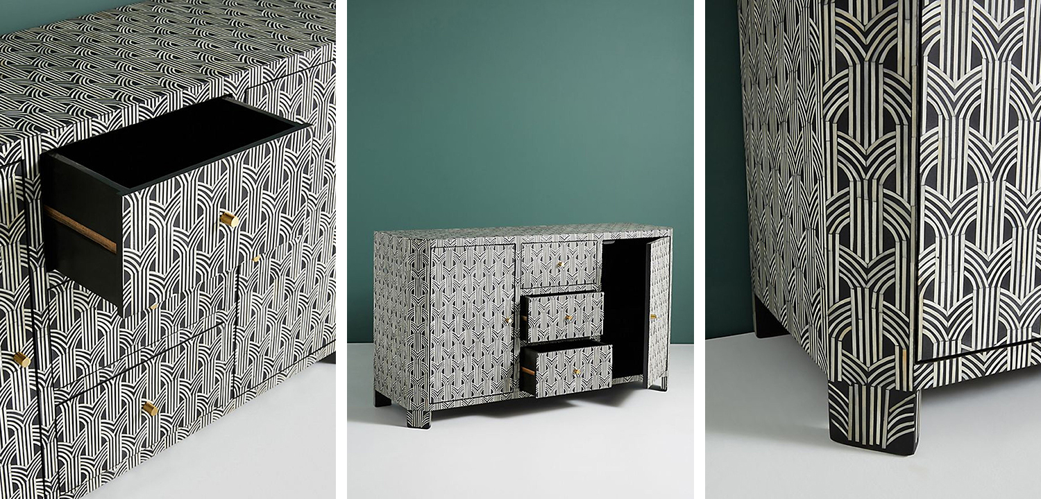 Комод с геометрическим рисунком инкрустация костью Antique Look Bone Inlay Buffet Table in Black Color - фото №1