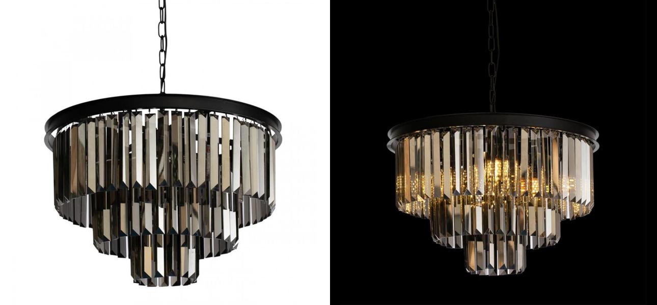 Круглая Люстра RH 1920s Odeon Black iron Three Layers Серое Стекло диаметр 50 см - фото