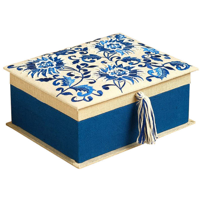 Шкатулка с вышивкой Blue Flowers Beads Embroidery Box Бежевый Синий Голубой в Ульяновске | Loft Concept 