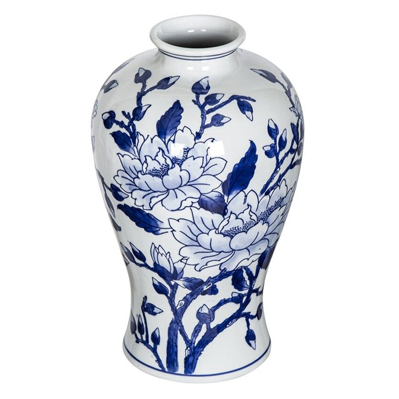 Ваза с бело-синей росписью и изображением цветов Blue & White Ornament Белый Синий Ваза с бело-синей росписью и изображением цветов Blue & White Ornament Белый Синий в Ульяновске | Loft Concept