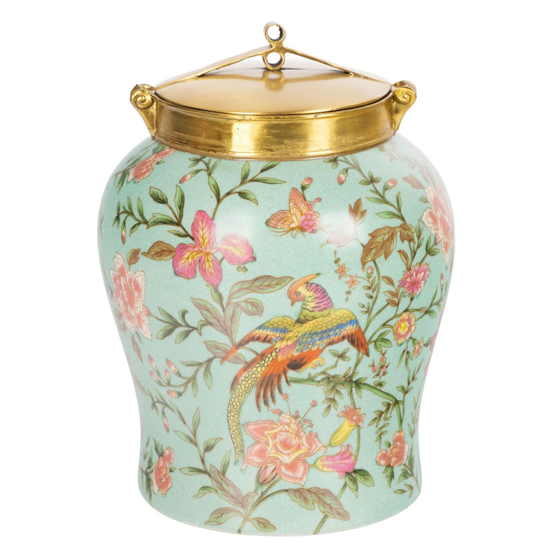 Ваза округлой формы из фарфора с рисунком и бронзовой крышкой Turquoise Blooming Garden Мульти Бронза Бирюзовый Ваза округлой формы из фарфора с рисунком и бронзовой крышкой Turquoise Blooming Garden Мульти Бронза Бирюзовый в Ульяновске | Loft Concept