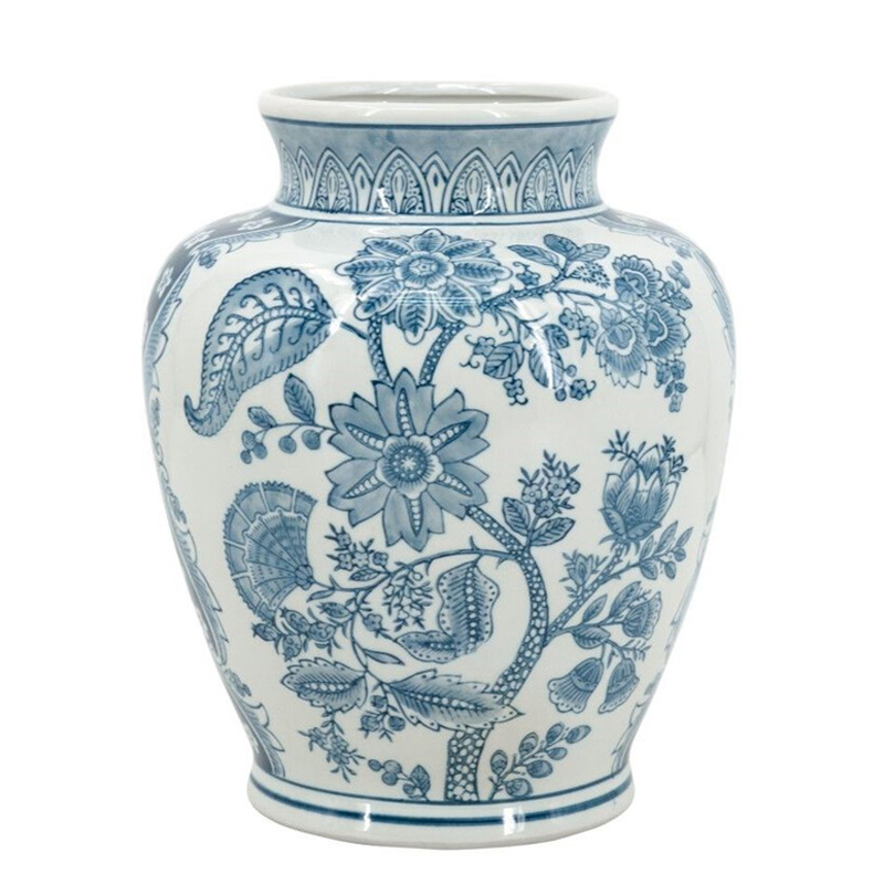 Ваза округлой формы белого цвета с синим растительным узором Blue & White Ornament Белый Синий Ваза округлой формы белого цвета с синим растительным узором Blue & White Ornament Белый Синий в Ульяновске | Loft Concept