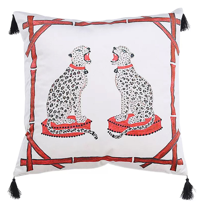 Декоративная подушка Стиль Gucci Two Cheetahs Cushion Белый Красный Черный в Ульяновске | Loft Concept 