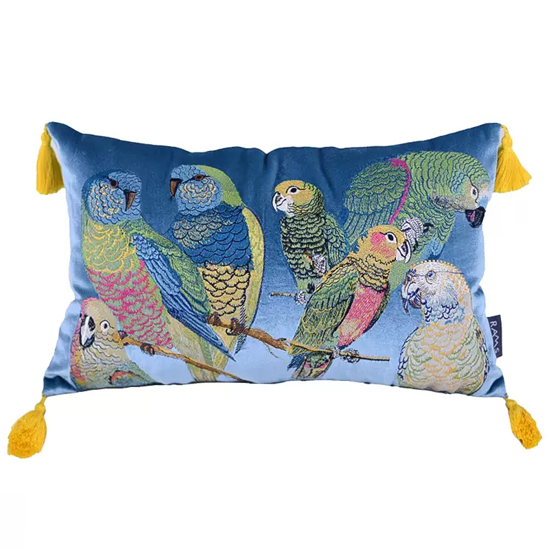 Декоративная подушка с вышивкой Embroidery Parrots Long Pillow Blue Голубой Мульти в Ульяновске | Loft Concept 