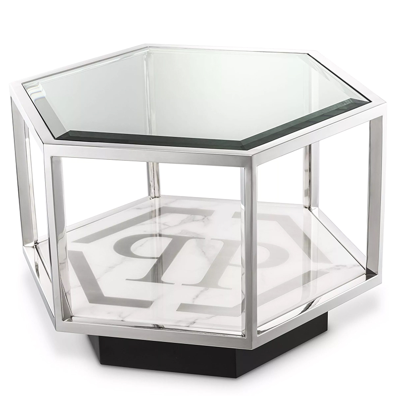 Приставной стол Philipp Plein Side Table Falcon View Chrome Хром Белый Мрамор Bianco Серый Черный Прозрачное Стекло в Ульяновске | Loft Concept 