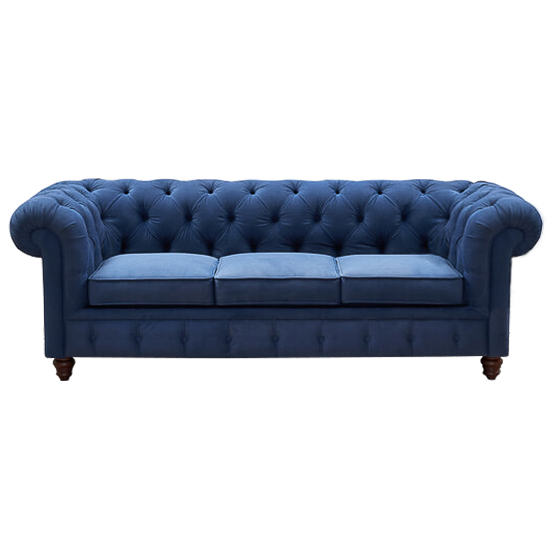 Диван Mini Kensington Sofa triple blue velor Сапфирово-синий Коричневый в Ульяновске | Loft Concept 