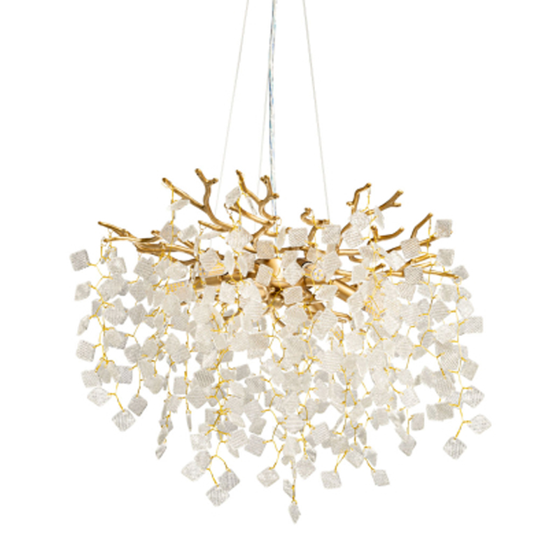 Люстра подвесная золотого цвета с декоративными ветвями и прозрачными рельефными подвесками FAIRYTREE Light Золотой Прозрачный в Ульяновске | Loft Concept 