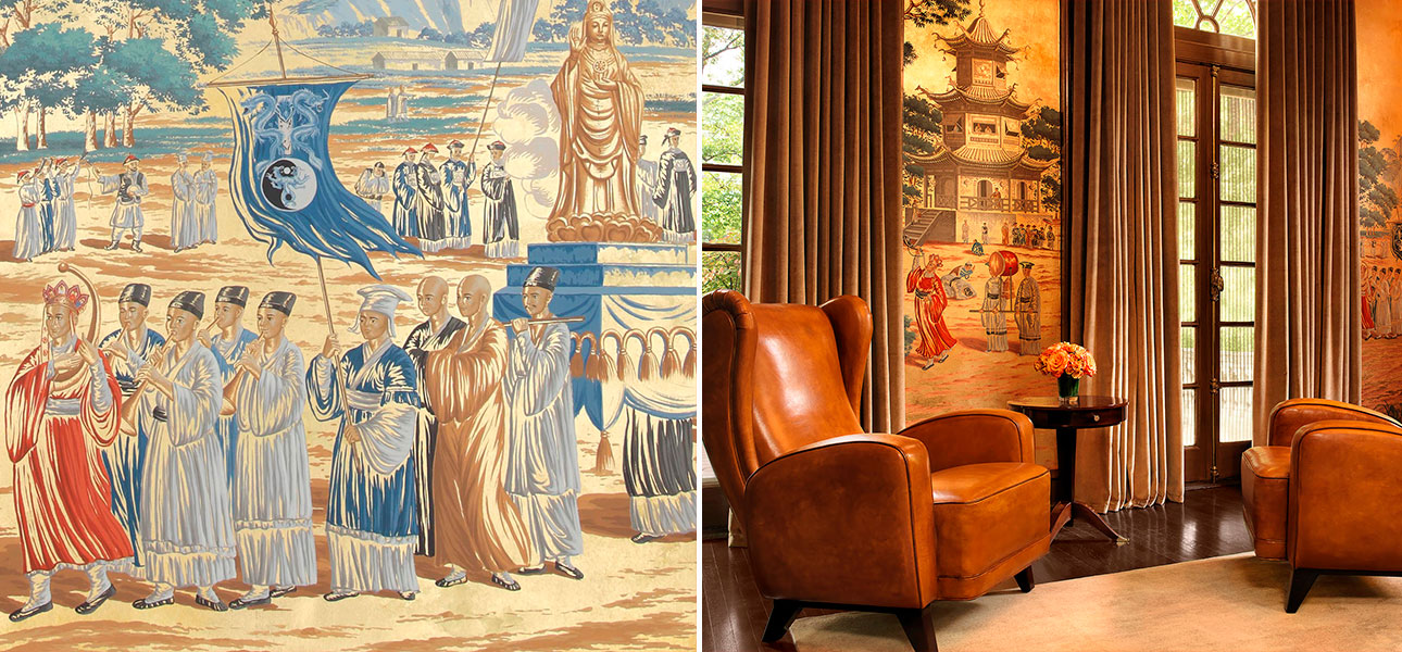 Обои ручная роспись Procession Chinoise Special Colourway on Warm Gold gilded paper - фото