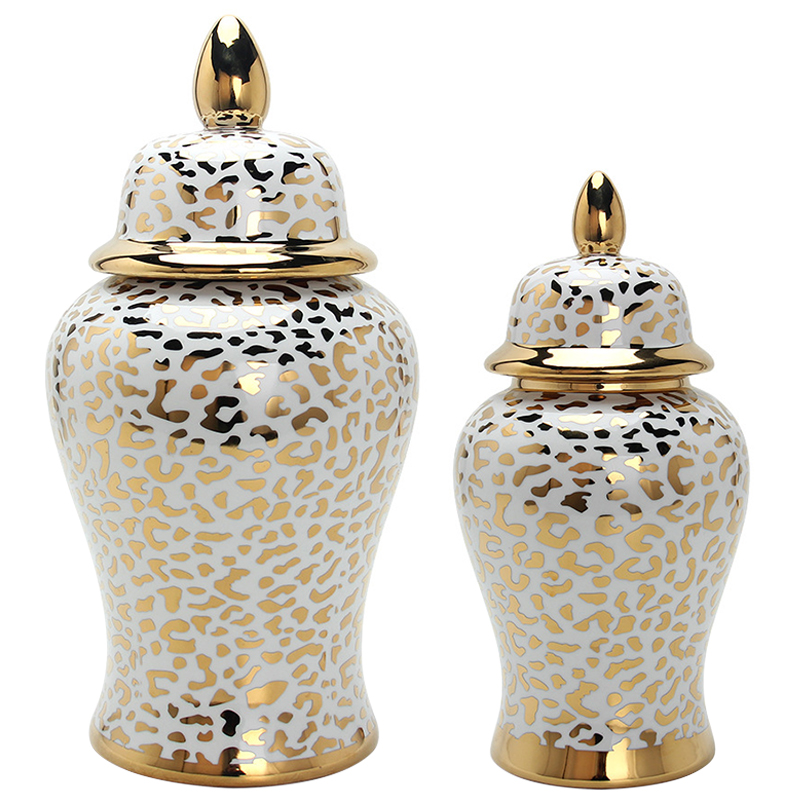 Ваза с крышкой Leopard Print Gold Vase Белый Глянцевое золото в Ульяновске | Loft Concept 